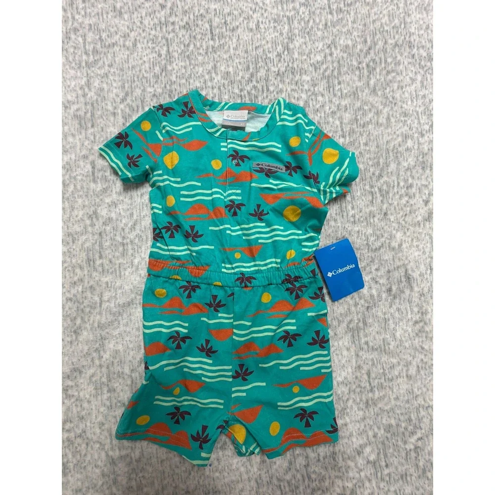 Columbia Little Sur Playsuit Toddler‎ 4T Teal Tropical Palm Tree Romper NWT